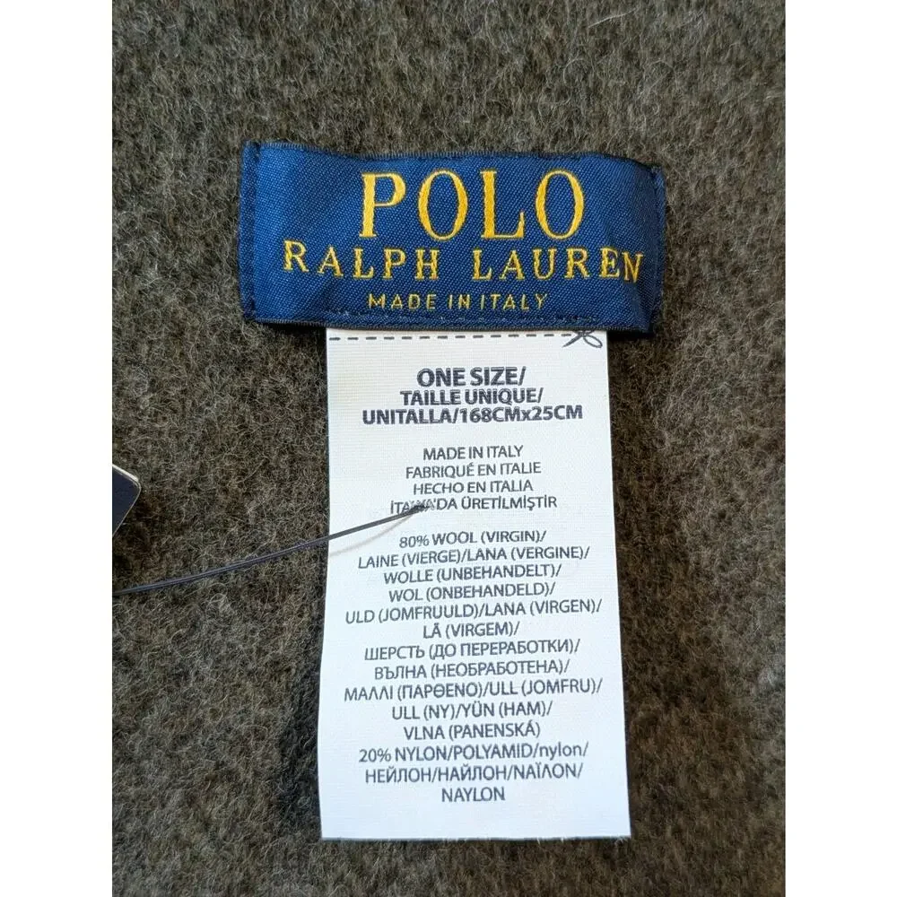Polo Ralph Lauren Scarf Italy Wool Reversible Brown Green Houndstooth Fringe NWT